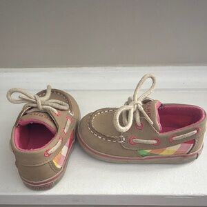 Kids Tan and Pink Sperry Shoes